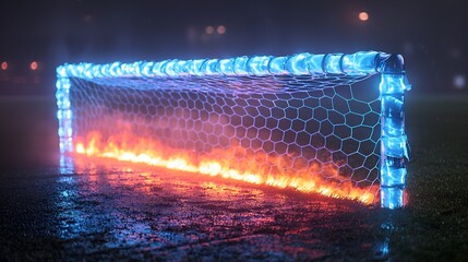 Neon soccer goal, fiery night, wet field