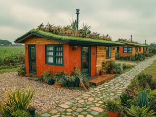 Eco-friendly cottages with green roofs.