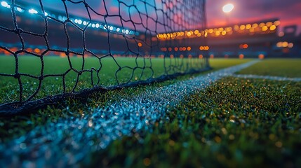 Night Soccer Goal Net on Grass Field