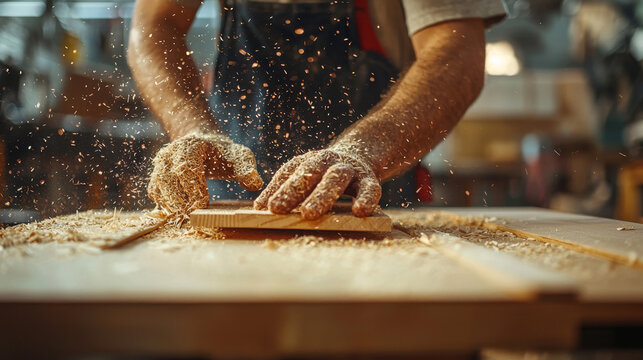 Male carpenter doing woodwork in carpentry factory