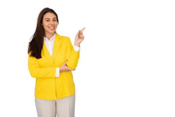 Professional businesswoman pointing finger against transparent backdrop, highlighting corporate communication and marketing concept