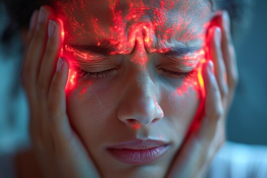 A woman is seen holding her head in distress, with vivid red lights showcasing the intensity of her headache, emphasizing the impact of migraines on daily life.