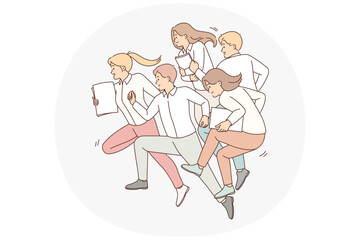 Motivated businesspeople run towards shared goal