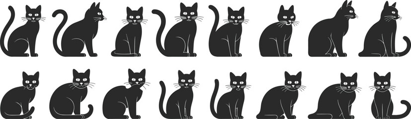 Cute black cat illustration set, sitting kitten vector collection, feline animal icons, cartoon cat graphics, isolated domestic pet design

 flat vector illustration