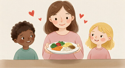 Watercolor illustration of Mother and kids make food together, creating joy and memories.