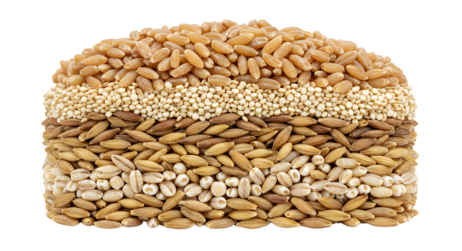 A vibrant arrangement of various grains stacked in layers, showcasing their textures and colors against a white background