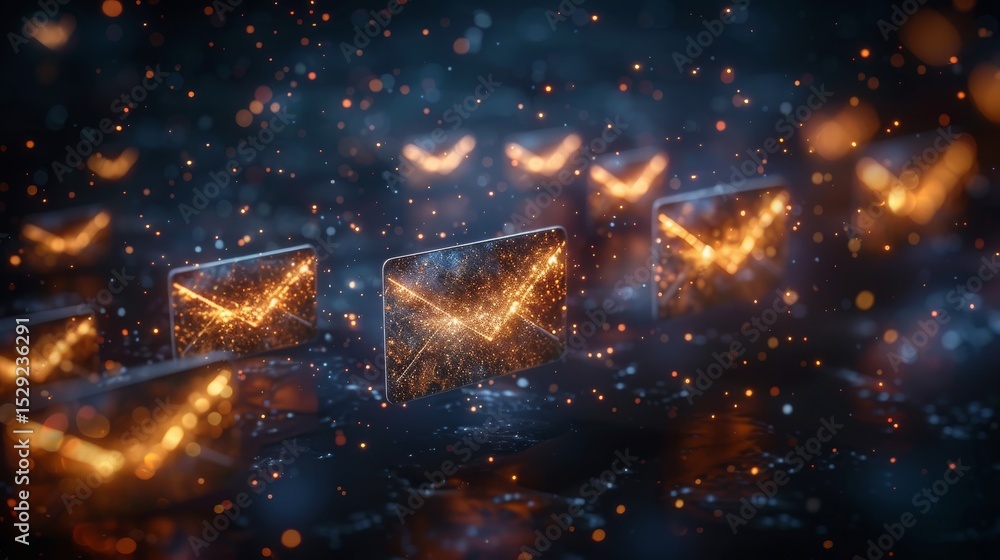 Aufkleber an abstract representation of digital communication with glowing email icons amidst a sparkling back