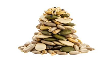 A vibrant assortment of seeds stacked in a pyramid shape, showcasing their natural colors against a clean background