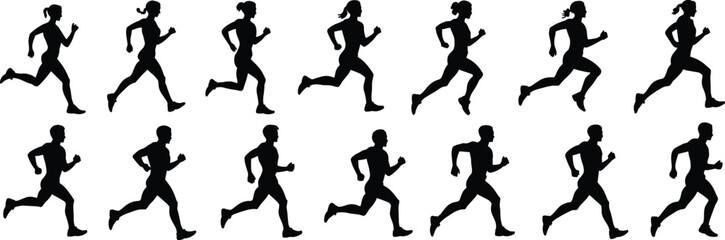 Running silhouette collection, male and female joggers, fitness vector figures, athletic motion poses, exercise black icons