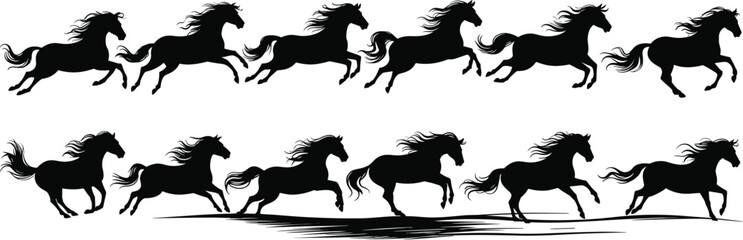 Running horses silhouette illustration, galloping black horses, wild stallions motion, elegant equine artwork