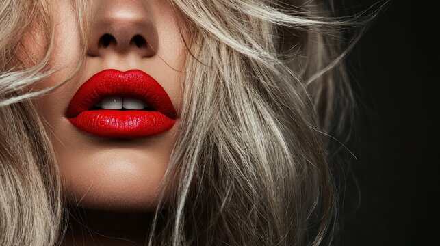 A close-up image of luscious lips adorned with vibrant red lipstick highlights beauty and confidence, representing personal style and the allure of cosmetic fashion.