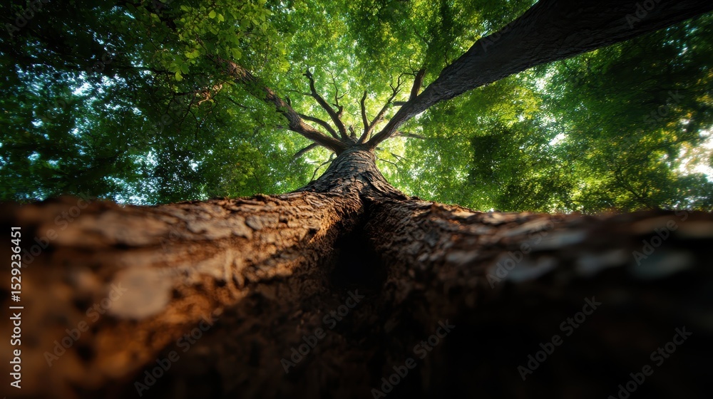 Poster an awe-inspiring perspective shot of a tall tree extending its branches towards the sky, surrounded 