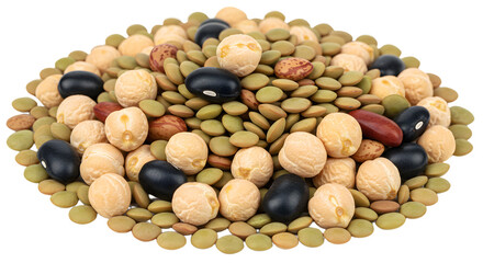A vibrant assortment of various legumes and seeds arranged in a circular pile, showcasing their diverse textures and colors