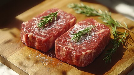Two Raw Marbled Steaks Seasoned with Salt and Rosemary on a Wooden Board