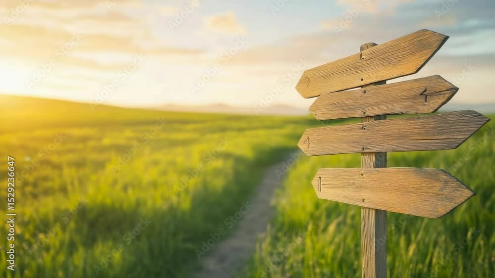 Poster Wooden signpost with multiple blank arrows pointing in different directions, symbolizing choices and decisions in a vast green field at sunset, representing opportunity and uncertainty