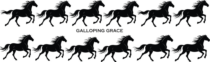 Running horse silhouette vector, black galloping stallions, elegant equine artwork, wild horse motion,