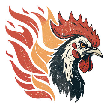 Fiery rooster with intensely sharp eyes,  flaming plumage, detailed rendering, dynamic pose,  digital painting.