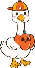 Cool goose holding a little pumpkin