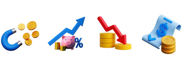 3d financial icons set growth decline savings and investment isolated on transparent background