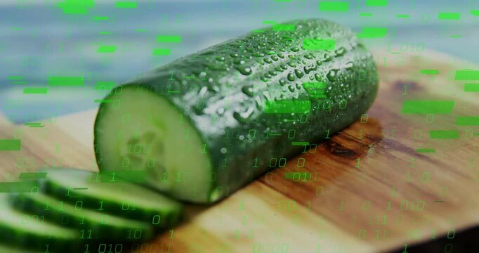 Shot starting green code glitching across cucumber, knife slicing slices visualizing freshness