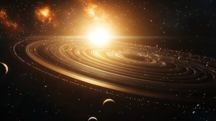 Fototapeta premium Golden ringed galaxy with multiple planets