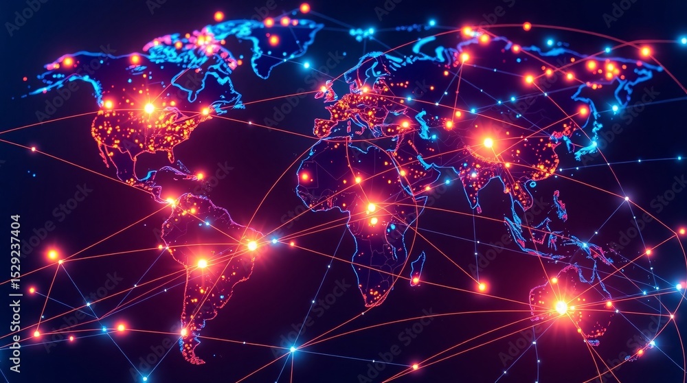 Poster global network connections illuminated world map