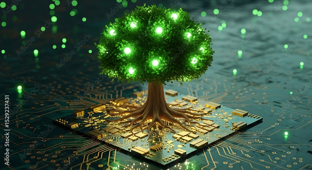 Poster digital tree growing on computer circuit board representing technology and nature