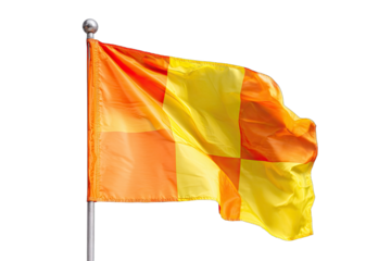 A waving golf flag, orange and yellow squares