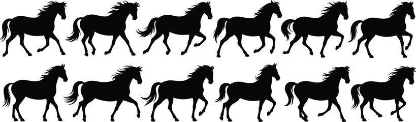 Running horse silhouette vector set, galloping stallion icon collection, wild horse motion graphic, black horse clipart, equine movement illustration

 flat vector illustration