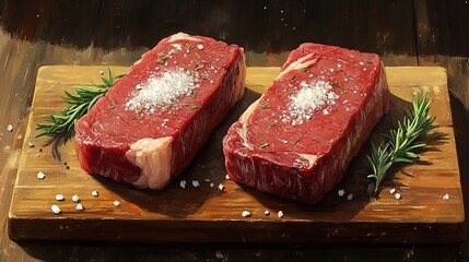 Two Raw Marbled Steaks Seasoned with Salt and Rosemary on a Wooden Board