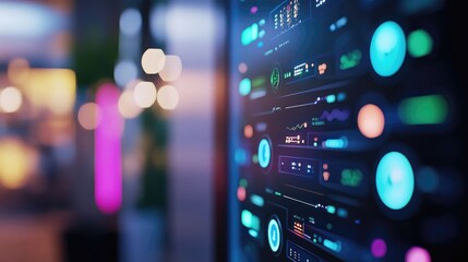 Close-up of a futuristic digital display panel with various glowing indicators and data visualizations.  Blurred background of a modern space