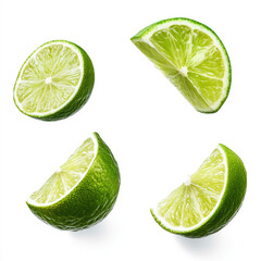 Flying lime slices collection isolated on white background. Clipping path