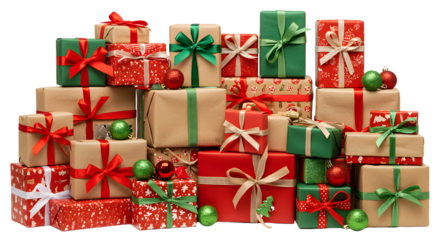 A vibrant display of beautifully wrapped holiday gifts in various sizes and colors, stacked together for festive celebrations