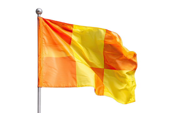 A waving golf flag, orange and yellow squares