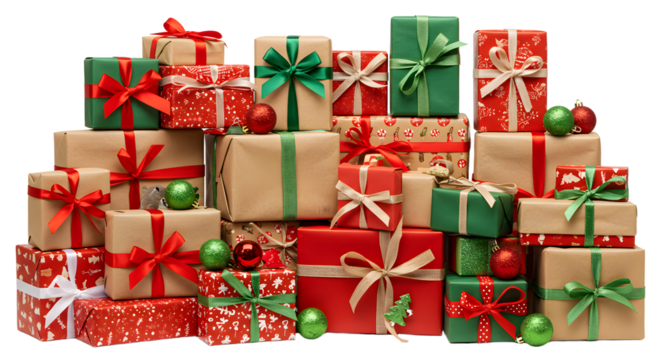 A vibrant display of beautifully wrapped holiday gifts in various sizes and colors, stacked together for festive celebrations