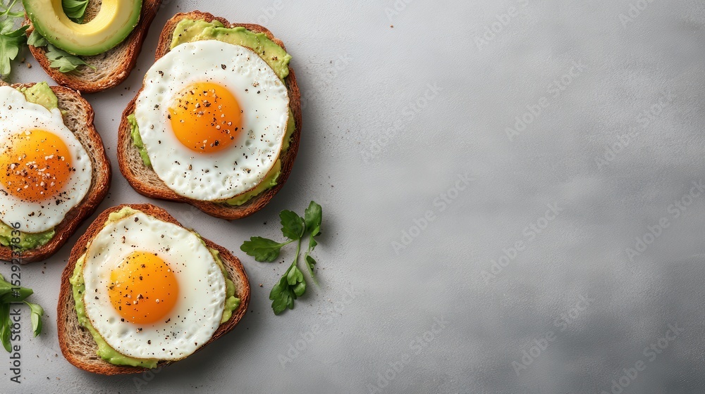 Aufkleber a visually appealing arrangement of avocado toast topped with perfectly fried eggs on a gray surface