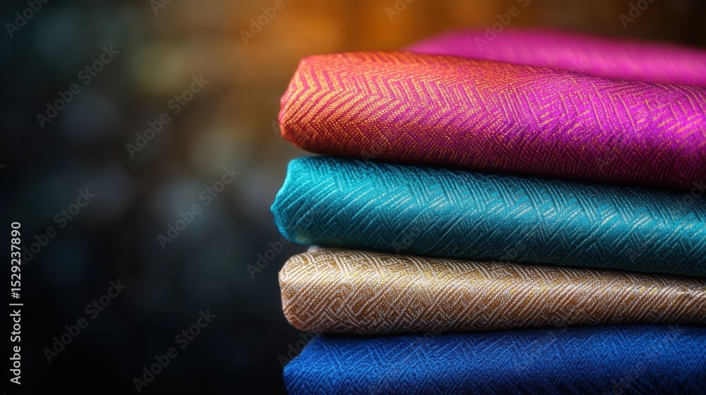 Aufkleber a close-up of beautifully stacked colorful fabrics displays an array of textures and hues, emphasizi