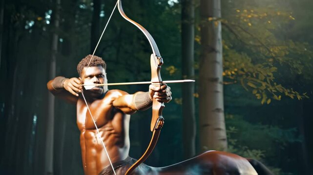 A mythical male centaur, half man and half horse, aiming a bow and arrow during a hunt in a forest setting, footage.