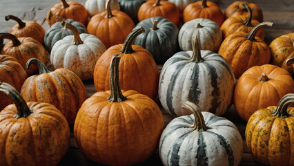 Autumn pumpkin background. A rich harvest of small pumpkins on a wooden background. The concept of a Halloween or Thanksgiving holiday.