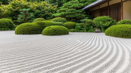 Serene Japanese Zen Garden with Raked Gravel and Lush Green Shrubs for Relaxation and Meditation Purposes