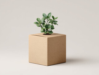 Beige square box with green plant on transparent background

