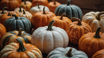 Autumn pumpkin background. A rich harvest of small pumpkins on a wooden background. The concept of a Halloween or Thanksgiving holiday.