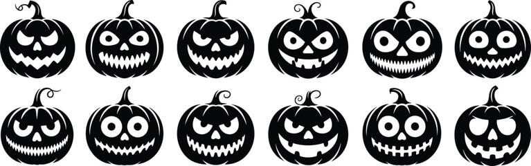Halloween pumpkin faces, spooky jack-o'-lantern silhouettes, scary carved pumpkins collection, horror face design