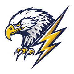 Create a stylized illustration of sharp eagle talons powerfully gripping a stylized bolt of lightning.  Focus on detail and sharp contrasts.