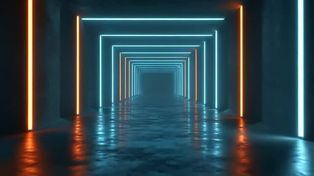 Neon-lit corridor with reflective floor and dark background