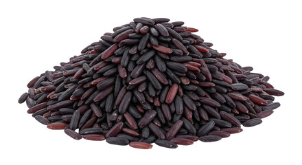 A vibrant pile of black rice grains showcasing their glossy texture, set against a clean background for culinary use