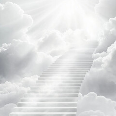 Path to heaven as white stairs in the sky with light above. 