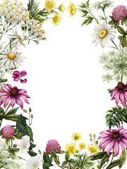 Illustration of a frame of wildflowers. Card surrounded by meadow flowers. Echinacea, flowering alfalfa, clover, wild peas, buttercup, bindweed, yarrow, daucus carota
