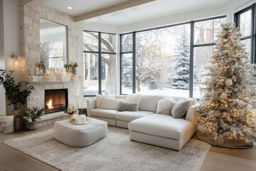 Salón de estar en tonos beiges y blancos con decoracion navideña, chimenea  de ladrillo encendida, grandes ventanales y nieve en  un bosque