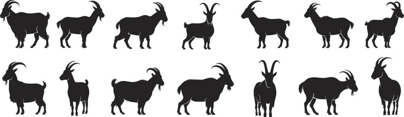Goat silhouette vector set, domestic farm animal clipart, black goat illustration collection, livestock graphic for agriculture